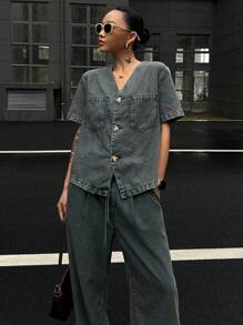 DAZY 女士V领牛仔套装，春夏 - 藏蓝色 - 查看 6