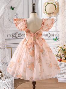 Tween Girls Elegant Floral Digital Print Square Neck Backless Bow Decor Party Tulle Dress, Suitable For Wedding, Bridesmaid, Summer - Orange - View 2