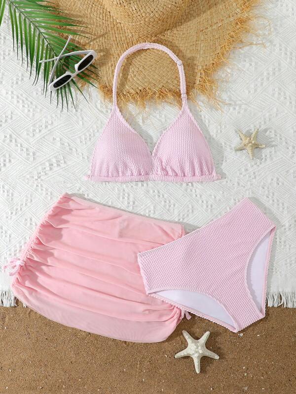 3 Stücke Bikini-Set für Teenager-Mädchen mit Mesh-Sarong, hochwertige Materialien, modischer und eleganter Stil, geeignet für Schwimmen, Urlaub, Sommer