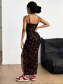 Sparklyn Vestido largo sin mangas para niñas, con estampado vibrante de frutas y un ambiente alegre, silueta ajustada, bajo con abertura lateral, perfecto para salidas y sesiones de fotos, verano - Negro - Ver 2