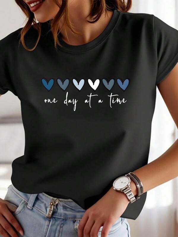 EMERY ROSE Women's Light Blue Casual Short-Sleeve T-Shirt With "One Day At A Time" Heart Print - Soft Polyester, Round Neck, Machine Washable, Spring/Summer Fashion Essential, Everyday Tshirt | Round Neck Shirt | Polyester Fabric