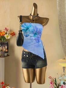 SHEIN MOD Casual Vacation Style Tropical Hibiscus Orange Tie Dye Tropical Floral Print Sexy Women's Floral Asymmetrical Hem Bandeau Crop Top, Suitable For Summer Vacation Beachwear Suitable For Going Out - Multicolor - View 5