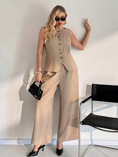 Auralis Conjunto de ropa de verano vintage talla grande para mujer, elegante y casual para comuter, trabajo, negocios informales, iglesia, aeropuerto y salón. Incluye blusa de rayas con botones y pantalones de pierna ancha de dos piezas.