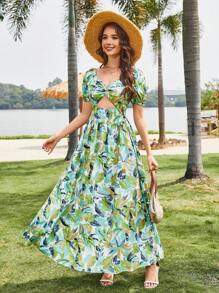 Breezaya Women's V-Neck Puff Sleeve Leaf Print Swing Dress - Multicolor - View 5