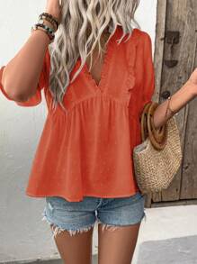 LanaWest 女士 3D 镂空 V 领泡泡袖衬衫 - 亮橙色 - 查看 3