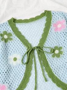 SHEIN Unity Delicate Minimalist Women's Light Blue Hollow-Out Long Sleeve Loose Embroidered Thin Cardigan Knit Top, Spring/Summer - Baby Blue - View 3