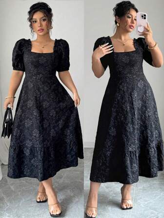 Elenzga 女式加大码纯色雏菊提花面料收腰廓形优雅日夜泡泡袖连衣裙