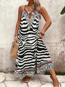 Breezaya Plus Size Women Leopard Print Loose Maxi Cami Dress, Summer - Black - View 5