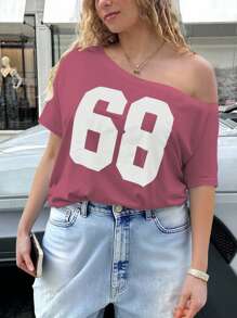 INAWLY 大码女式数字印花短袖休闲宽松T恤 - 紅木色 - 查看 4