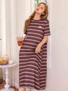 Dream Adore Casual Striped Print Beaded Decor Short Sleeve Loose Nightdress For Women