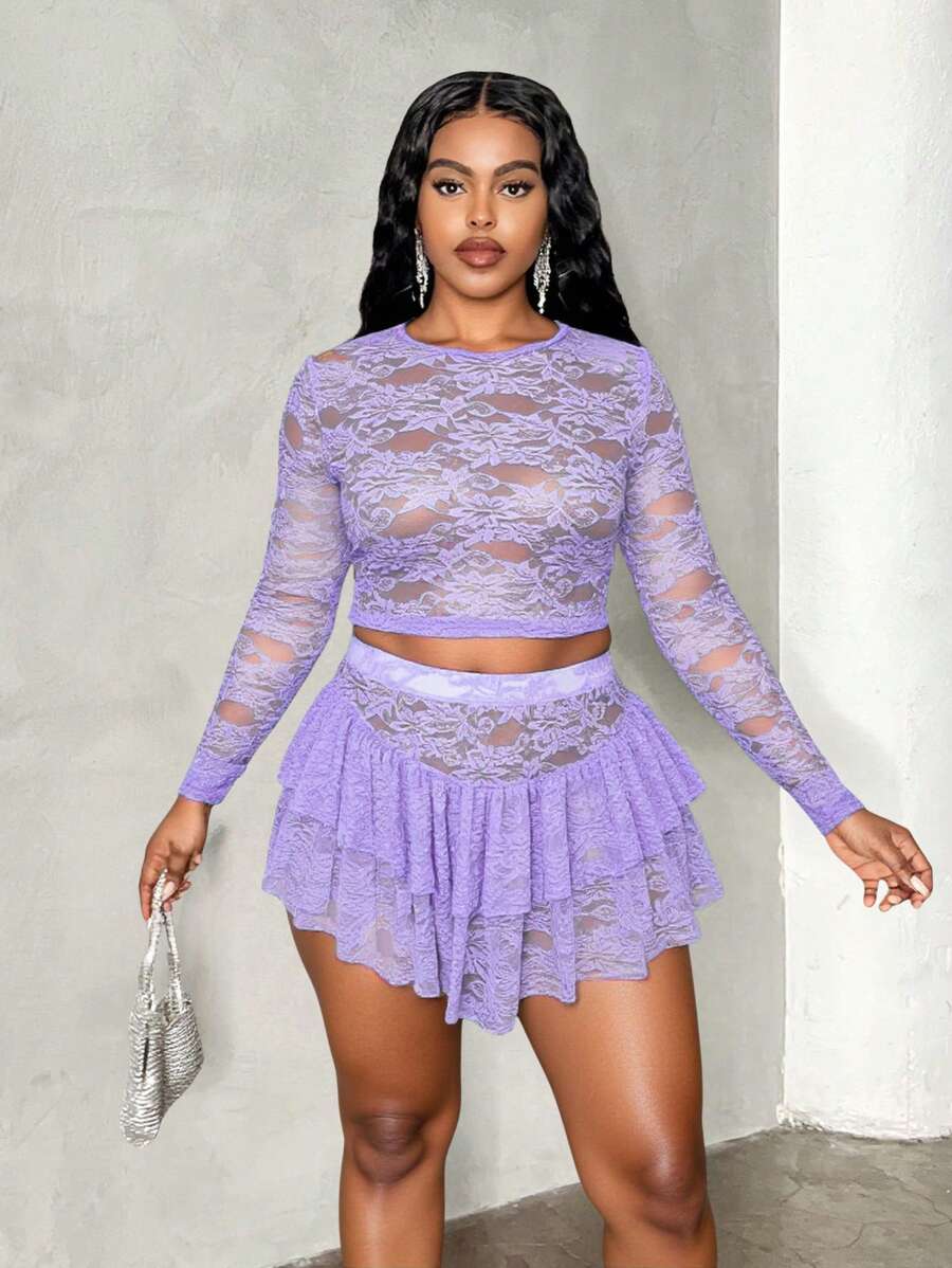 Maweii 大码女式蕾丝迷你裙套装，透明短上衣和修身迷你裙，2 件 - 紫色 - 查看 1