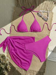 Swim Vcay 3pcs Beach Holiday Random Print Bikini Swimsuit Set For Summer Beach Vacation - Hot Pink - View 1