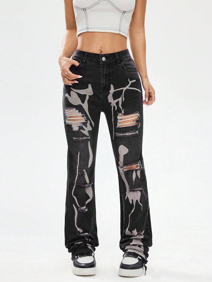 SHEIN EZwear 女士时尚做旧印花喇叭牛仔裤,春夏 - 黑色 - 查看 1