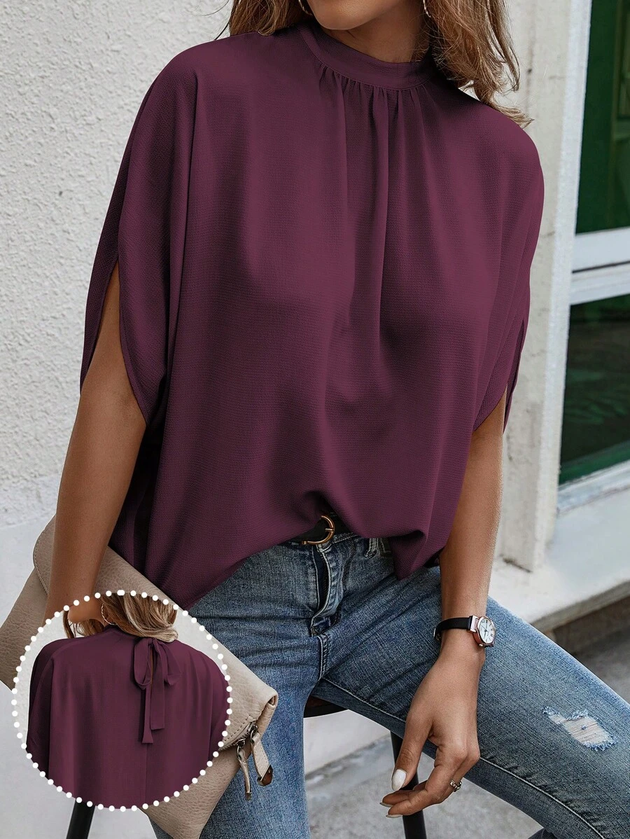 EMERY ROSE Men's Casual Solid Color Mid-Sleeve Shirt, For Commuting In Summer - Burgundy - View 1