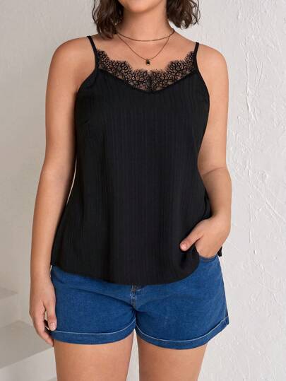 Chikora 加大尺碼女士細肩無袖上衣,紋理蕾絲接縫設計