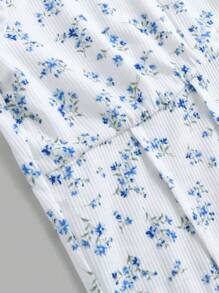 SHEIN Girlism Maglietta a maniche corte aderente in maglia a coste con fiori vintage per ragazze adolescenti, adatta per vacanze e uso domestico