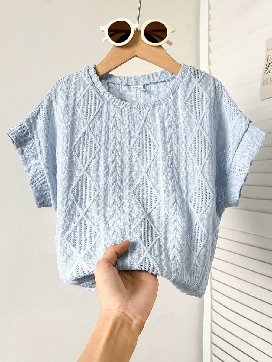 SHEIN Tween 女童宽松休闲圆领套头短袖 T 恤，纹理面料