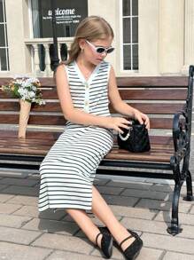 SHEIN Tween Girl Casual Chic Knitted Striped V-Neck Button-Up Sleeveless Fitted Cami Top & Mini Skirt Set, Back To School - White - View 4