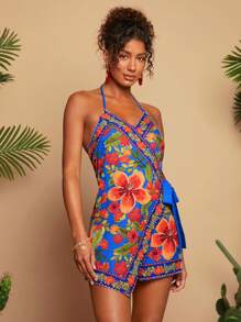 Travachic Women's Blue Floral Halter Neck Sleeveless Criss-Cross Wrap Jumpsuit,Summer Boho Vacation Holiday Beachwear,Woven Printed Spring Break Concert Outfit - Navy Blue - View 6