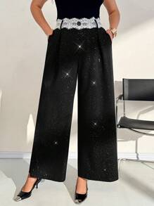 Auralis Damen Große Größen Kontrastspitze Taschen Weite Bein Locker Sitzende Elegante Hose