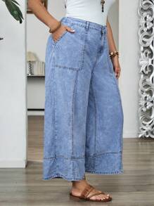 EMERY ROSE Plus Size Women Summer Loose Pockets Wide Leg Jeans Women Jeans Tall Summer Clothes Women Clothes Women Bottoms - Light Wash - View 3