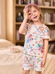 SHEIN Set de 3 piezas de pijama con diseño de dibujos animados para niñas pequeñas, ropa de dormir para el hogar - Blanco - Ver 6