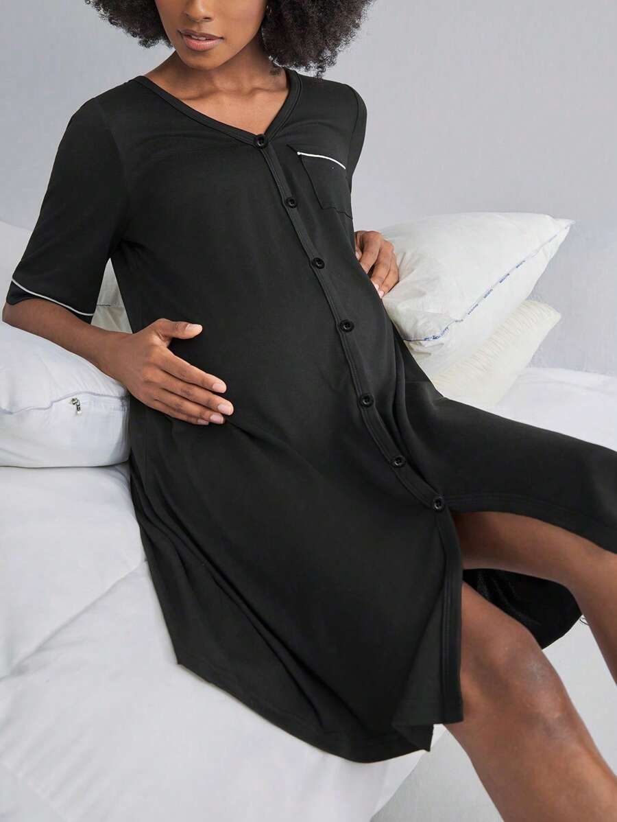 BloomMama Maternity Short Sleeve Nursing Nightgown With Lace&Button,Fashion Loungewear Sleepwear Pajama Dress Sleep Shirt