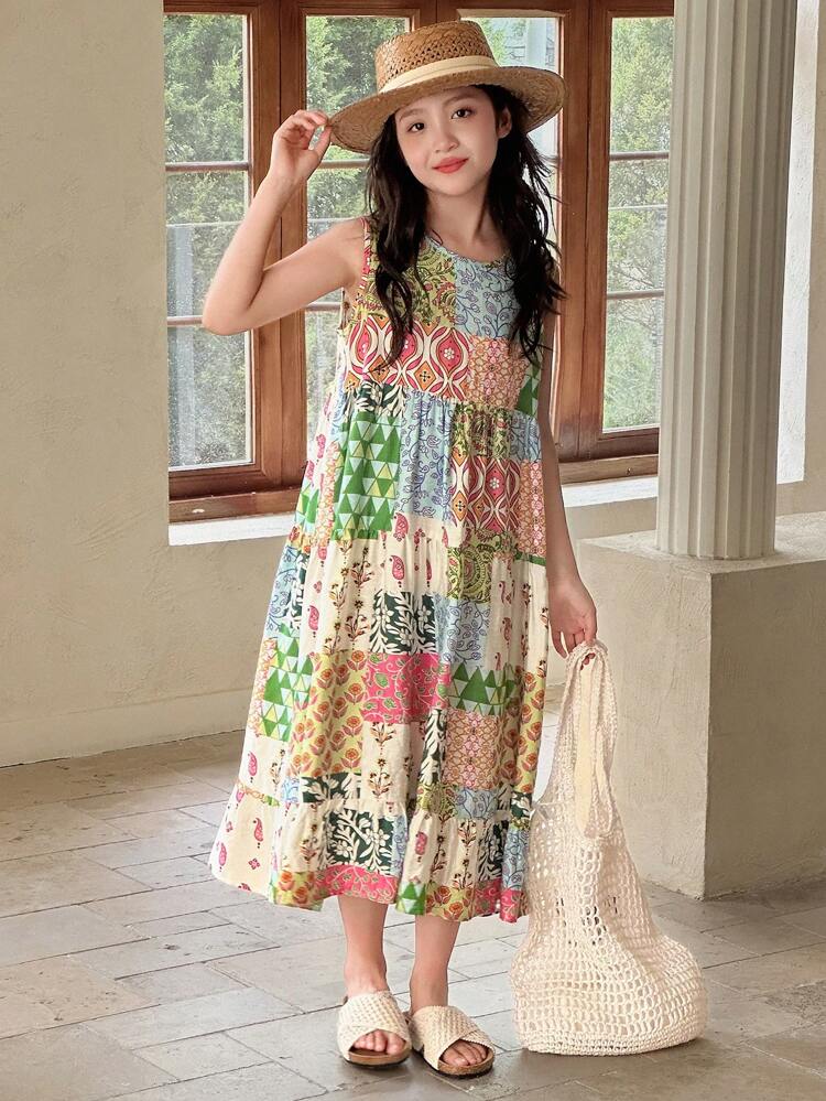 Tween Girls Sleeveless Ditsy Floral Chiffon Dress, Summer Vacation Easter