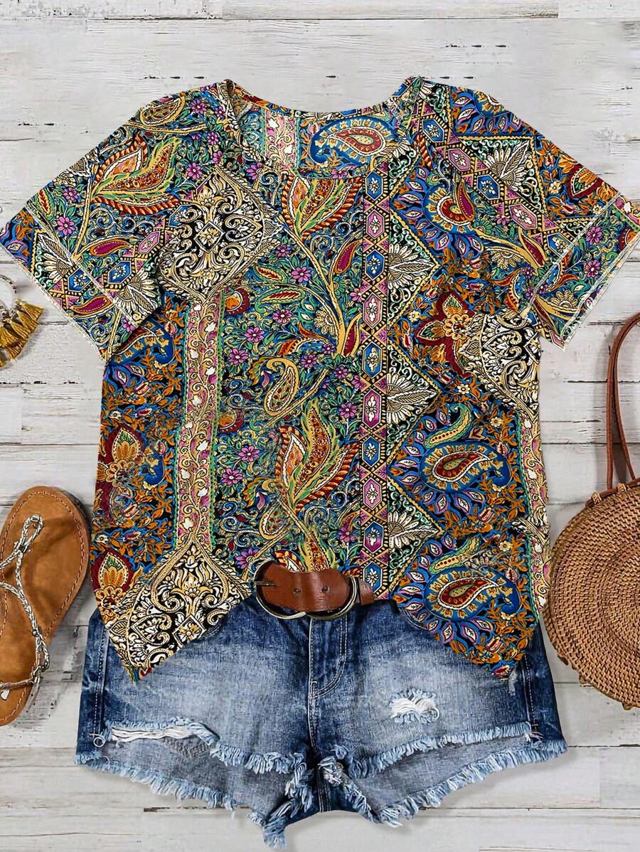 SHEIN PETITE Blusa casual de mujer con cuello redondo, mangas con volantes y estampado retro bohemio, para primavera/verano - Multicolor - Ver 1