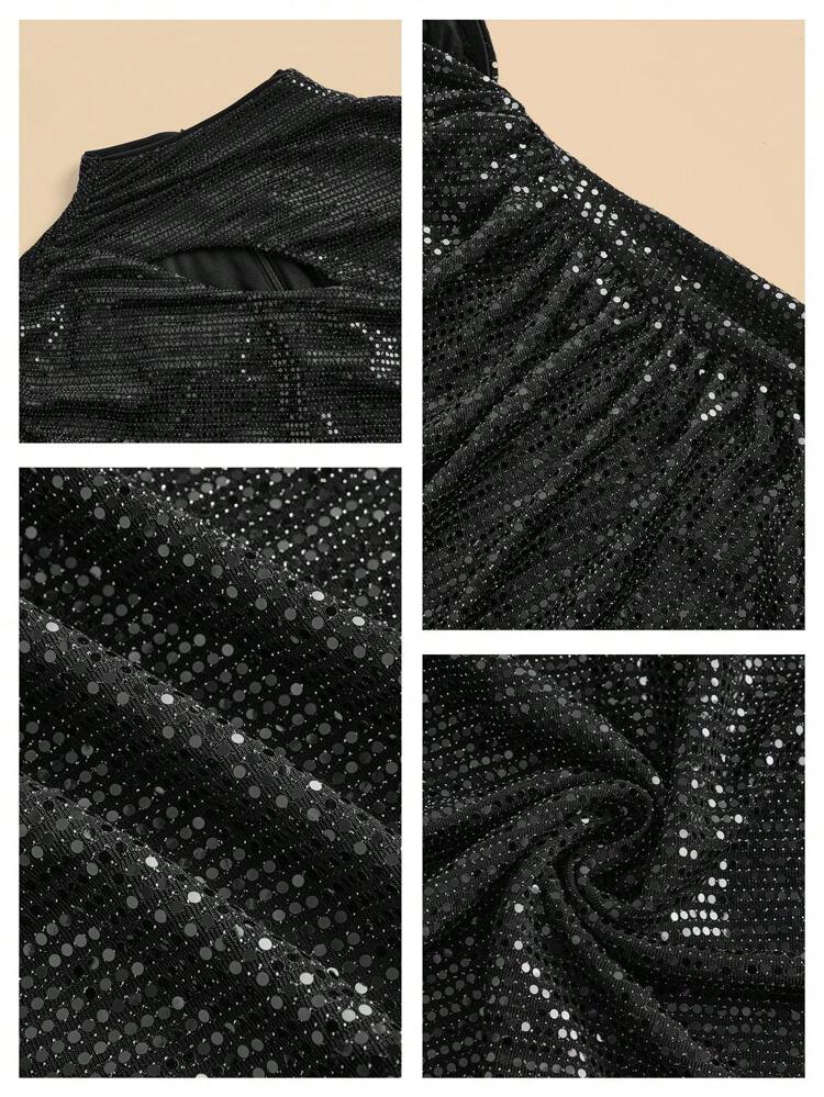 Luxury Retro Minimalist Design Classic Black Full Rhinestone Starry Sky Sequin Dress, Elegant For Wedding Party
