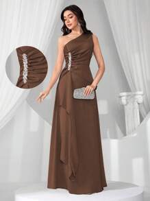 Coutiva Nuevo vestido elegante y esbelta de corte moderno con cuello de hombros oblicuos y sin mangas - Café integral - Ver 1
