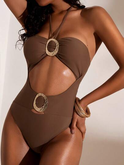 Opulessa 1 pieza Traje de baño de una sola pieza de unicolor para mujer, de moda para el verano