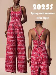 Zivah Women's Red And White Summer Boho Vacation Holiday Wide Leg Jumpsuit, Music Festival Bohemian Sweetheart Collar Backless All-Over Flower Print Pants - Multicolor - View 4