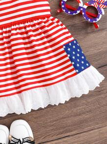 SHEIN Baby Girls' Casual Simple Comfortable Stripe Color Block Pocket Bow Decor Dress - Red - View 5