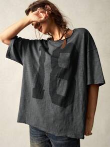 Bohemela Camiseta de manga corta holgada de cuello redondo de punto de unicolor informal lavada de talla grande - Negro - Ver 8