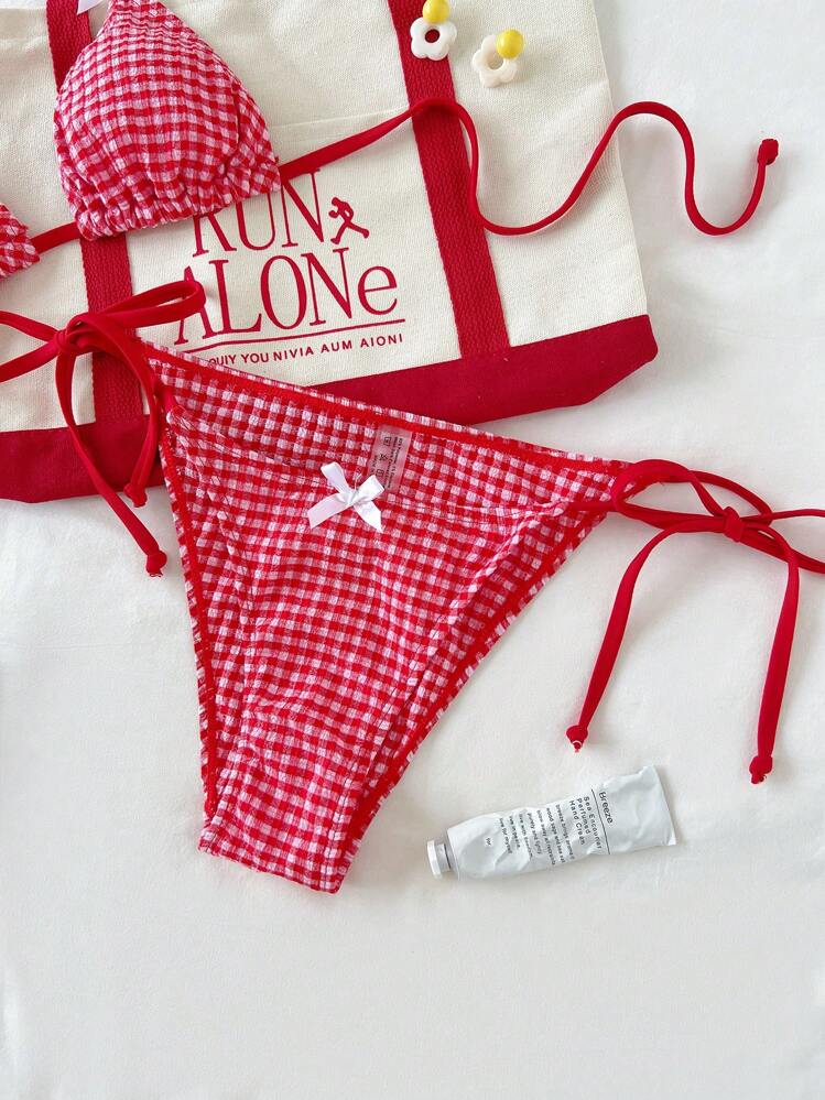 Swim Mod 夏日海滩度假可爱甜美格纹蝴蝶结三角杯系带比基尼套装 - 紅白色 - 查看 4