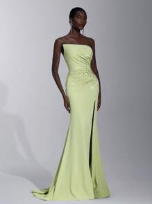 Elitara Elegant And Gorgeous Light Green Stretch Knitted Handmade Diamond Pearl Avant-Garde Special-Shaped Collar Waist Hollow With Pleats Slim Fishtail Long Tail Dress Suitable For Dinner, Bachelorette Party, Date, Vacation, Back To School Season, Graduation Season, Wedding Events, Heavy Industrial Evening Dress (Heavy Model), Formal, Gown, For Wedding Guest - Green - View 5