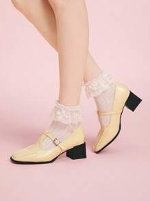 CUCCOO DOLLMOD New Yellow Oxford-Style Square Toe Chunky Heel Vintage Anti-Slip Comfortable Women High Heel Pumps