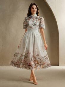 Anewsta Váy ngắn chữ A tay bồng họa tiết hoa nhỏ nhắn dành cho nữ, mùa xuân/hè - trắng - Xem 7