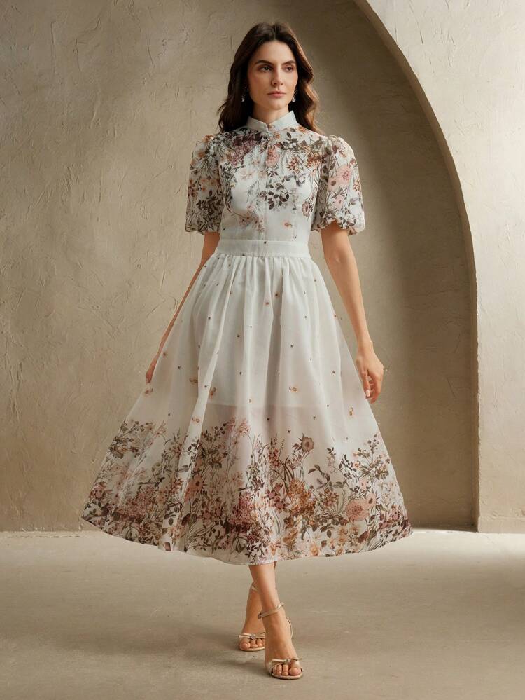 Floral Placement Ditsy Floral Puff Sleeve A-Line Mini Dress For Women, Spring/Summer