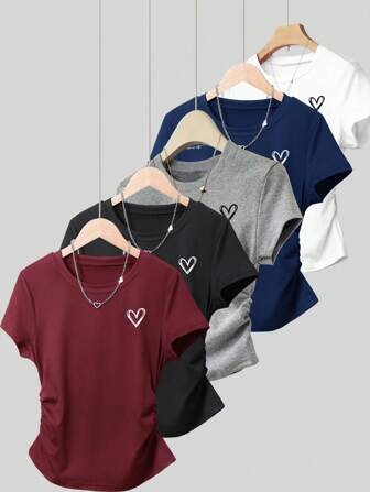 INAWLY Ensemble de 5 pièces T-shirts décontractés mode femme imprimé cœur, tenue d'été polyvalente