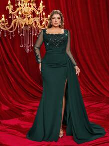 Glamrae Gaun Malam Formal Musim Dingin Ukuran Besar Warna Hijau Tua, Gaun Pesta Mewah Elegan dengan Bordir Benang Emas & Perak, Panel Berkerut, Buatan Tangan, untuk Tamu Pernikahan - Dark Green - View 4