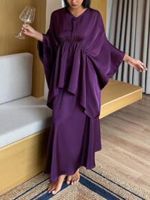 DAZY 女士缎面褶皱设计宽松上衣和长裙家居服，简约魅力睡衣 - 紫色 - 查看 3