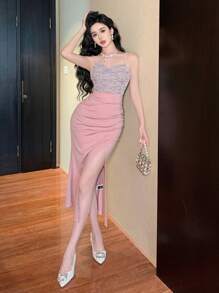 DAZY Vestido de tirantes con abertura lateral a los lados, de elegante estampado de cuadros y bloque de color para mujer
