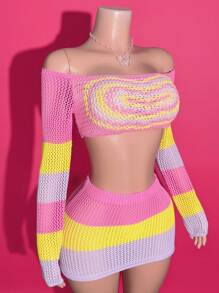 2025年夏季新音乐节、生日派对、毕业季、学生日常穿着、休闲装、度假装、邮轮旅行、海滩装、日光浴装、热门热卖装、露肩装、露背装、心形图案、修身装、迷你针织裙套装、撞色装、钩针编织装、女士两件套毛衣套装 - 彩色 - 查看 4