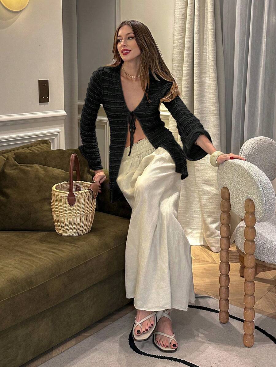 Pariaura Knitted Flare Sleeve Fitted Thin Cardigan Fall Winter Cloth For Women - Black - View 1