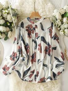 Lacomfia Elegant Print Plus Size Collared Shirt - Dark Green - View 1
