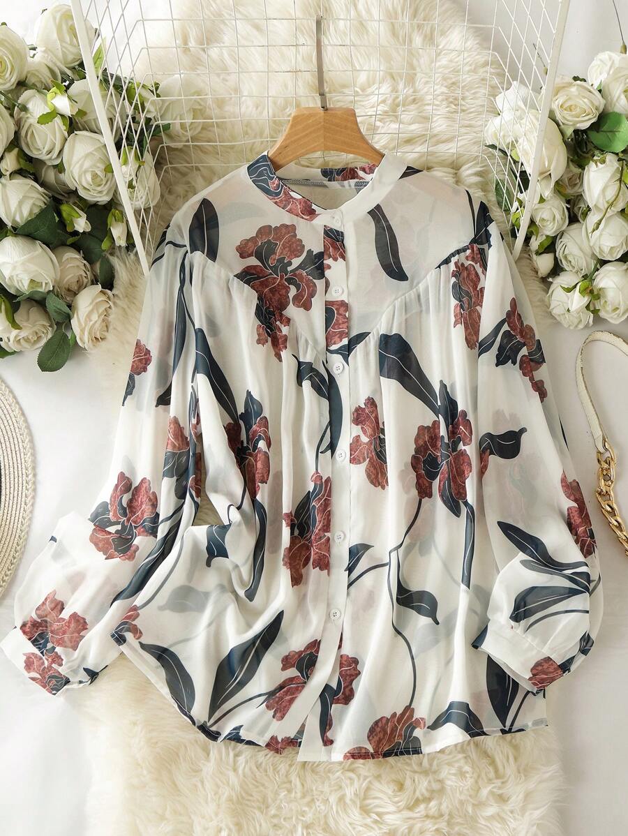 Lacomfia Elegant Print Plus Size Collared Shirt - Dark Green - View 1
