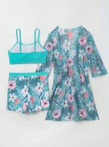 Swim Lushoire 3 件套女士随机印花吊带上衣、短裤和和服套装，春假海滩装夏季泳装套装 - 彩色 - 查看 6