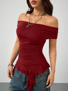Coolane Women's Casual Music Festival Off The Shoulder Mesh Ruffle Asymmetrical Hem Tops - Burgundy - View 5